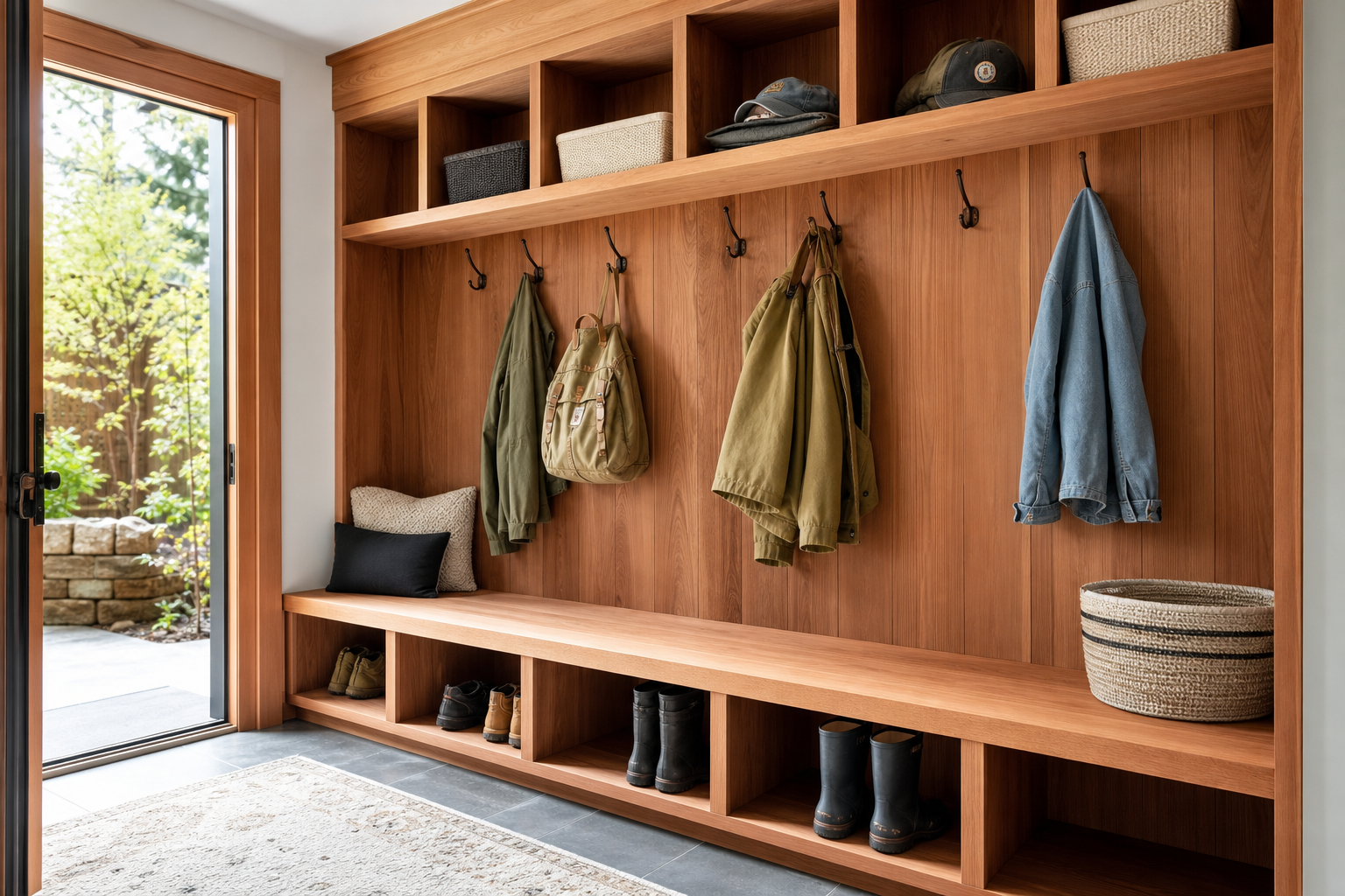 Cedar mudroom built-in with bench, hooks, cubbies