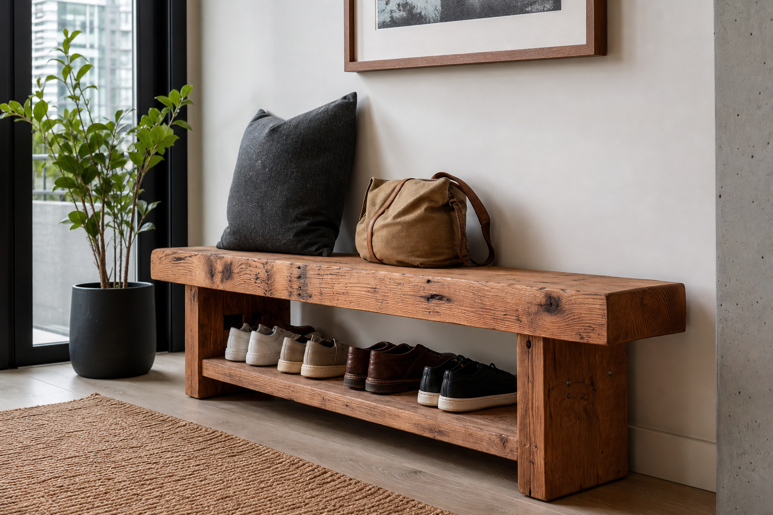 Douglas fir entryway bench with shoe rack
