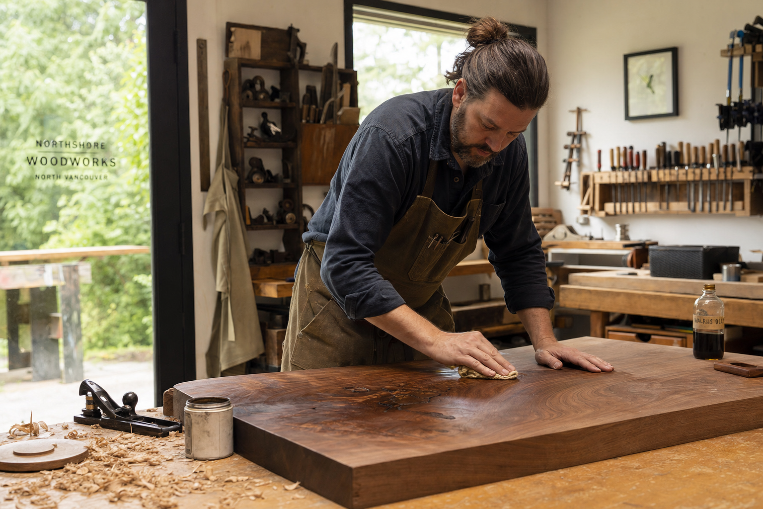 Live-edge BC walnut dining table on a sled base, finished in hard-wax oil, on the workshop floor under daylight from a clerestory